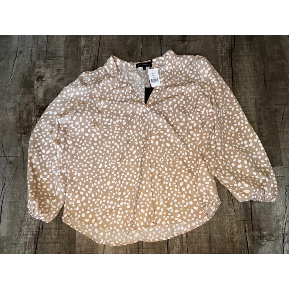 Gibsonlook Khaki Abstract V-Neck Blouse Tan White Spotted Long Sleeve Top Large‎